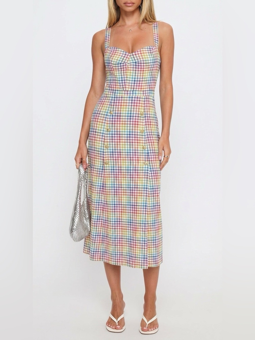 SALONI Pastel Gingham Midi Dress in Multi